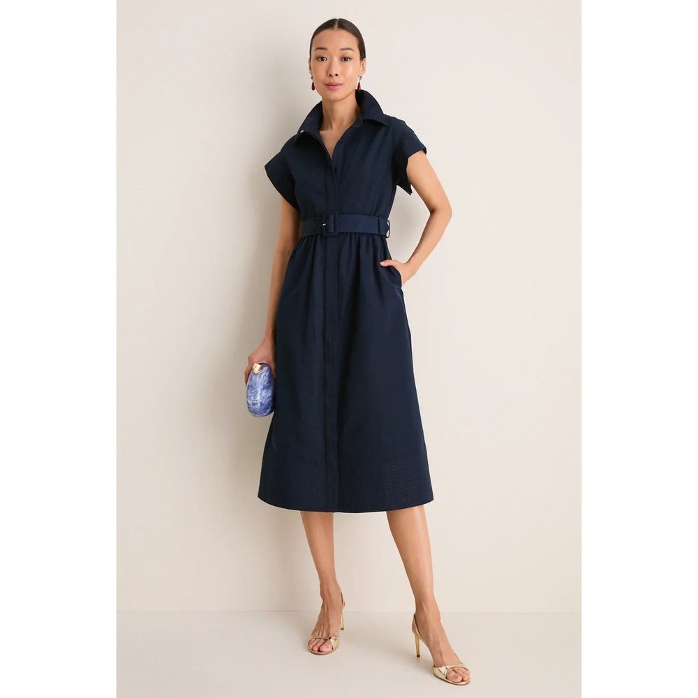 Tuckernuck Navy Blue Chloe Textured Shirt Dress Midi Short Sleeve Size XL